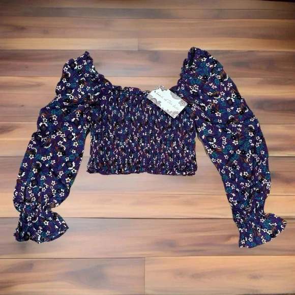 NWT BAND OF THE FREE Cropped Purple Floral Smocked Long Sleeve Blouse Sz XS - Picture 6 of 12